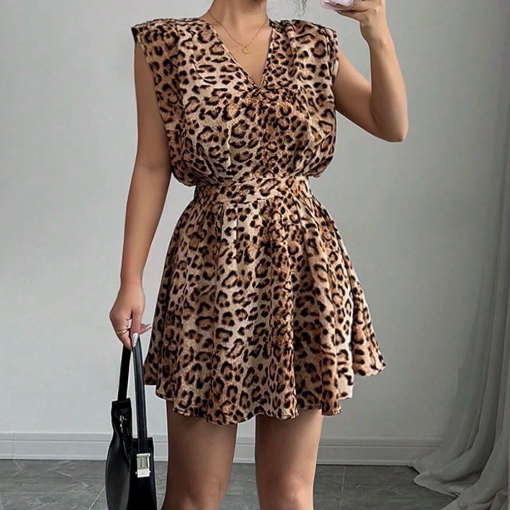 Leopard Print V neck Open Back Ruffle Hem Mini Dress - Picture 2 of 4